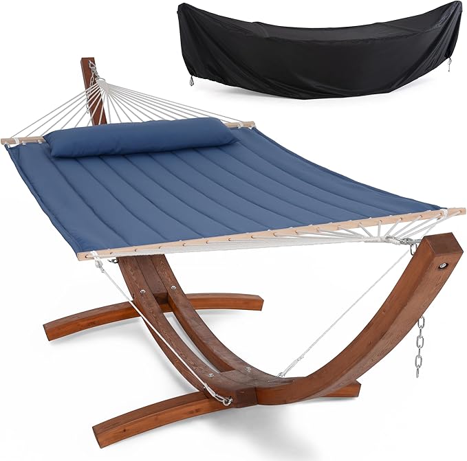 SUNCREAT Hammocks 2 Person Hammock with Stand, Hammock Cover, Portable Patio Hammock with 13.5 ft Wooden Stand, Navy