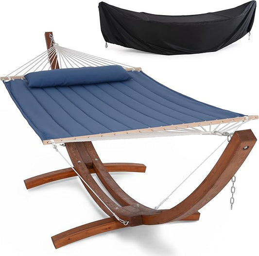 SUNCREAT Hammocks 2 Person Hammock with Stand, Hammock Cover, Portable Patio Hammock with 13.5 ft Wooden Stand, Navy