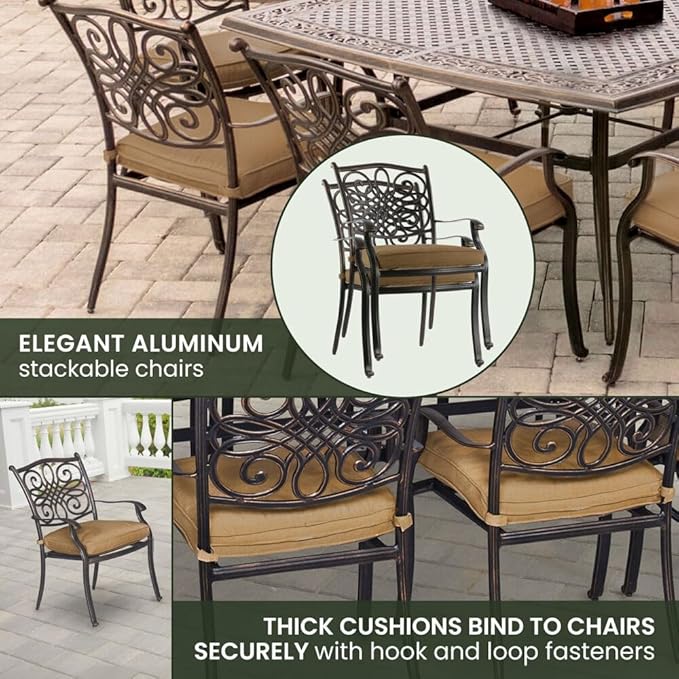 Hanover Traditions 9-Piece Patio Dining Set with 60" Square Cast-Top Dining Table and 8 Chairs with Tan Cushions, Modern All Weather Outdoor Dining Set with Rust-Resistant Aluminum Frames for Backyard