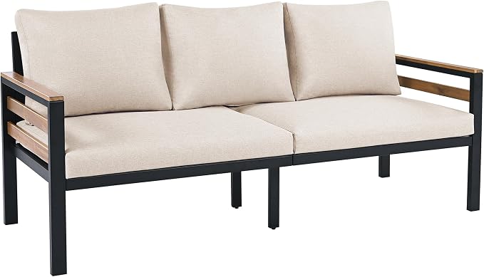 4-Piece Outdoor Furniture Sofa Set for 5 People with Acacia Wood Armrests, Patio Conversation Set with Removable Cushion and Solid Wood Coffee Table for Garden (Beige#46)