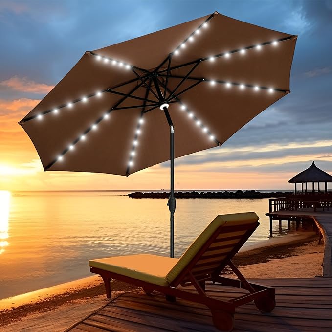 GDY 10Ft Patio Umbrella, Table Umbrella with 40 LED Lights, Outdoor Umbrellas for Patio, with Tilt and Crank, Center Light, for Garden, Deck, Backyard, Pool, and Beach.