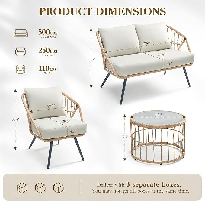 Patio Sofa, PE Rattan Wicker Loveseat, 2 Seater Outdoor Couch with 4.7" Thick Cushions, Outdoor Furniture for Garden Balcony Deck Porch or Backyard, Beige