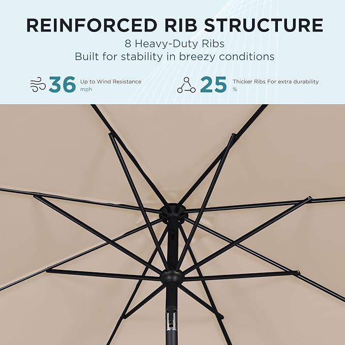 9FT Outdoor Patio Umbrella with Crank Lift & Auto Tilt - Market Umbrella, 8 Heavy-Duty Ribs, UV Resistant & Water-Repellent for Garden, Deck, Poolside & Backyard