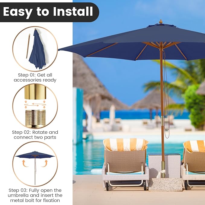 Tangkula 10FT Patio Umbrella, Outdoor Table Market Umbrella w/8 Wooden Ribs, 3 Adjustable Heights, Rope Pulley System, Detachable Pole, Wooden Patio Umbrella for Garden, Poolside, Backyard (Navy)