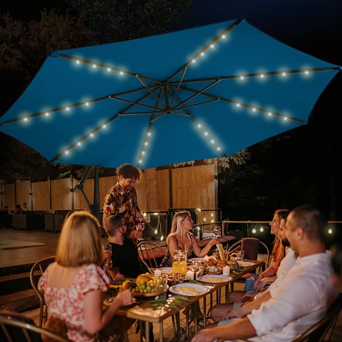wikiwiki 10FT Solar Patio Offset Umbrella Outdoor Cantilever Umbrella Hanging Umbrellas with Weighted Base, Market Patio Umbrella for Backyard, Garden & Deck,Royal blue