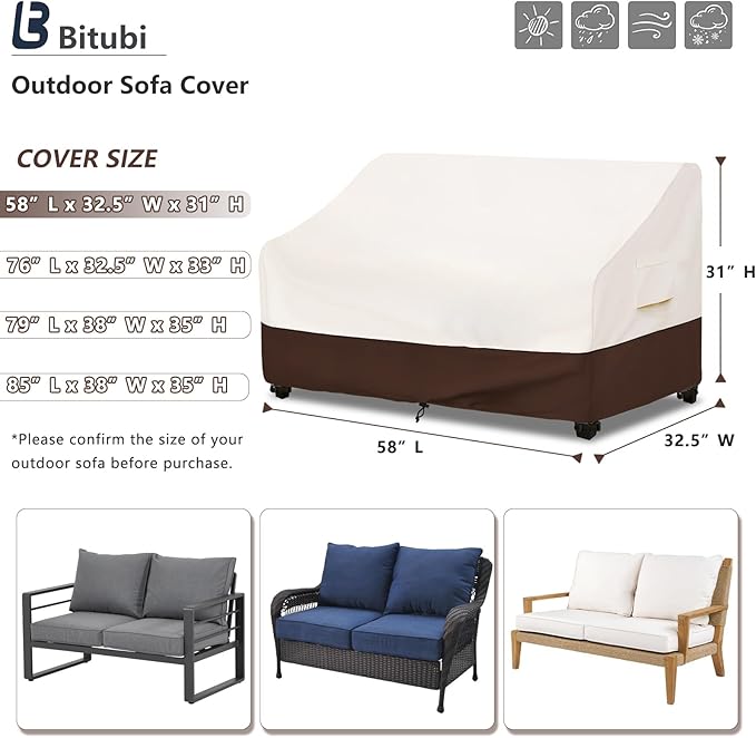 Bitubi Waterproof Patio Sofa Cover, Heavy Duty 2-Seater Outdoor Couch Cover Size Up to 58W x 32.5D x 31H Inches, Lawn Patio Furniture Covers with Air Vent (Brown)
