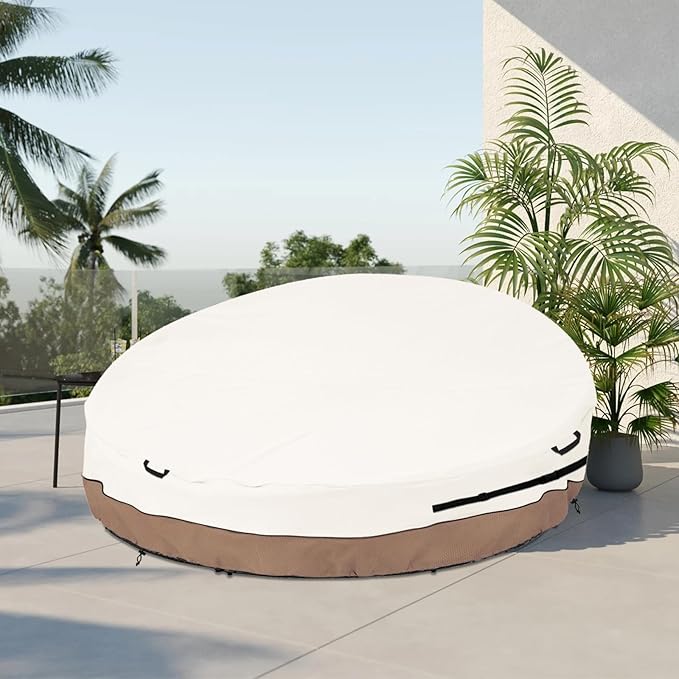 Heavy Duty 600D Waterproof Outdoor Daybed Cover for 75" Round Patio Sofa - UV-Resistant All-Weather Protection Furniture Cover with Air Vent, Fits 75" Dia x 35"/16" H (Beige)