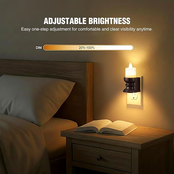 Meonum Flickering Flameless Candle Night Light Plug in, Dimmable LED Nightlight with Dusk to Dawn Sensor, Decorative Candle Light for Bedroom, Hallway, Bathroom(4 Pcs,Warm Yellow & Brown Base)