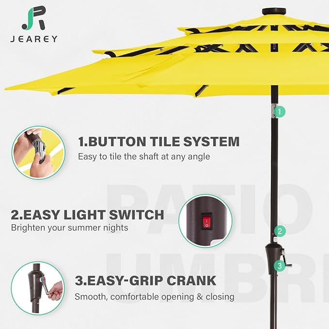 JEAREY 3 Tiers Patio Umbrella with Solar Lights 9ft Outdoor Market Table Umbrellas with Push Button Tilt for Outside Pool Garden, Yellow