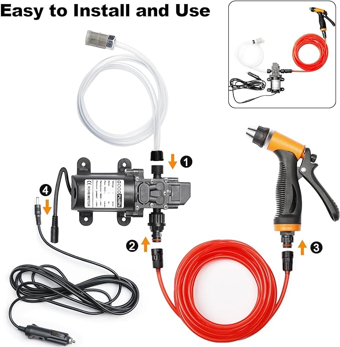 Portable Intelligent Electric Pressure Washer Pump 100W 160 PSI 12V Portable Pressure Powerful Washing Kit with 21.3 Feet PVC Hose for Home, Car, Garden, Projects (100 W-Black Hose)