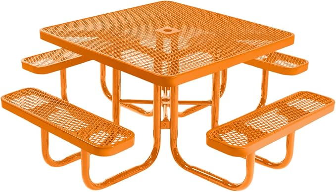 COATEDOUTDOORFURNITURE Heavy-Duty Portable Outdoor Picnic Table with Umbrella Hole, Expanded Metal Commercial-Grade Patio Dining Furniture Made in America (46" Square Top, Orange with Orange Frames)