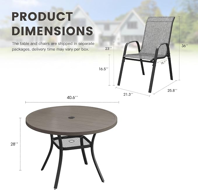 5 Pieces Outdoor Dining Set, 40.6" Round Table with Umbrella Hole & Stackable Patio Dining Chairs, Patio Table and Chairs Set for Deck Garden Porch, Grey Chairs & Grey Table