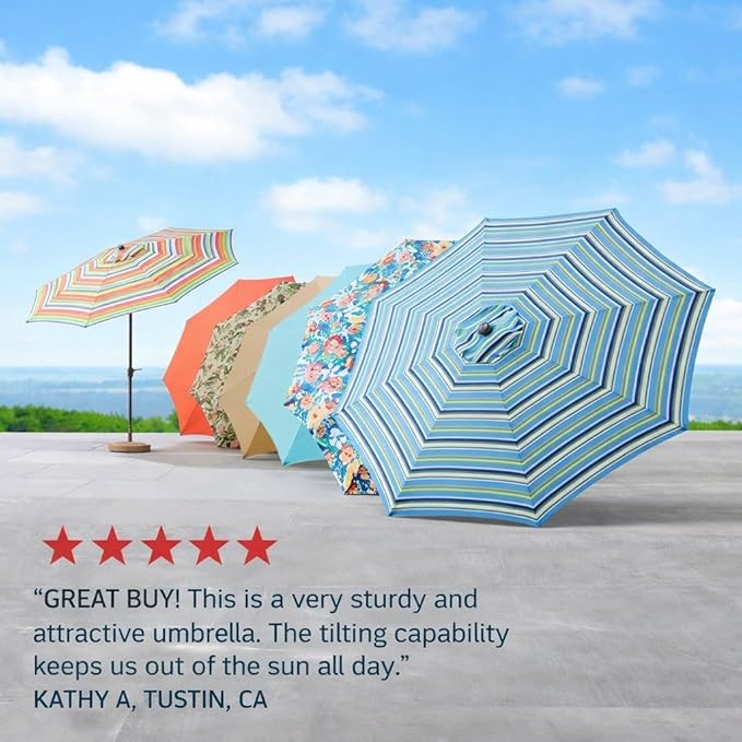 BrylaneHome Outdoor Tilt-And-Crank Umbrella With 8 Sturdy Steel Ribs Heavy Duty Fade-Resistant Tilting Shade Patio Garden Backyard Décor Pool Home