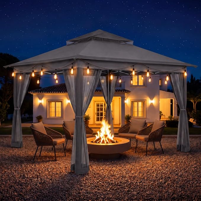LAUSAINT HOME 12x12 Pop Up Gazebo with 50FT String Lights, Mosquito Netting, Instant One-Push Setup, Adjustable Height Outdoor Canopy Tent Shelter with Carry Bag for Patio, Backyard, Camping, Gray