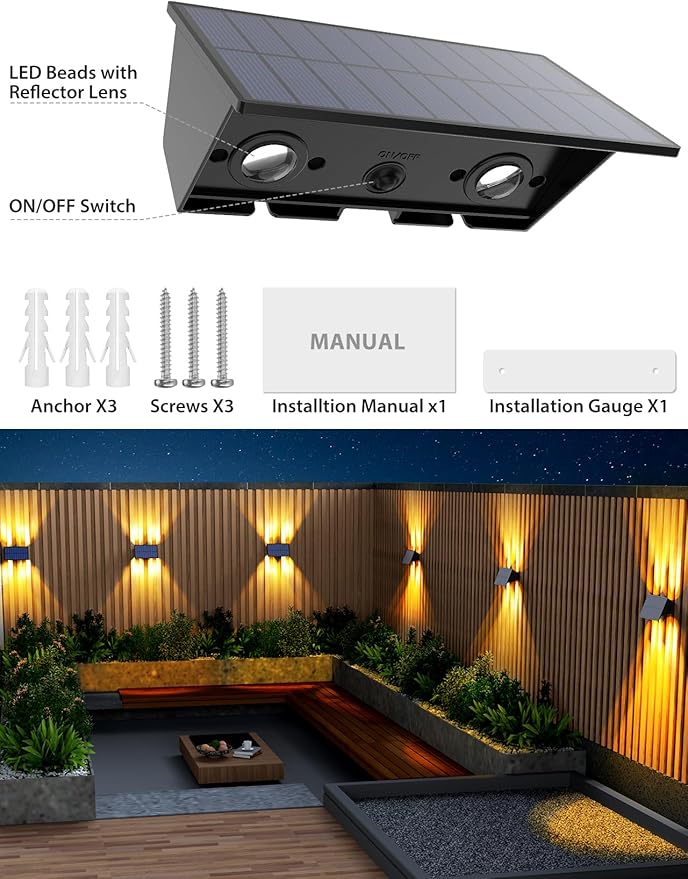 Solar Wall Lights Outdoor,6Pack Fence Lights Solar Powered 2700/4500/6000K 3 Modes Up & Down Waterproof 100 Lumens Dusk to Dawn Fence Light for Outside/Backyard/Pool/Railing/Patio/Porch/Step