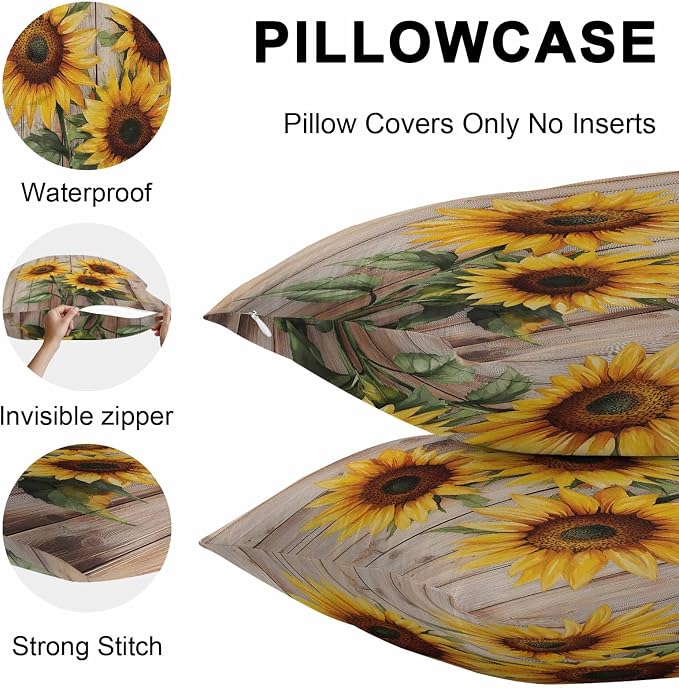 Pack of 2 Waterproof Outdoor Pillow Covers 24x24 Inch Decorative Pillow Covers Sunflowers Throw Pillowcases Farmhouse Wooden Grain Botanical Floral Outdoor Cushion Cover for Couch, Patio, Tent