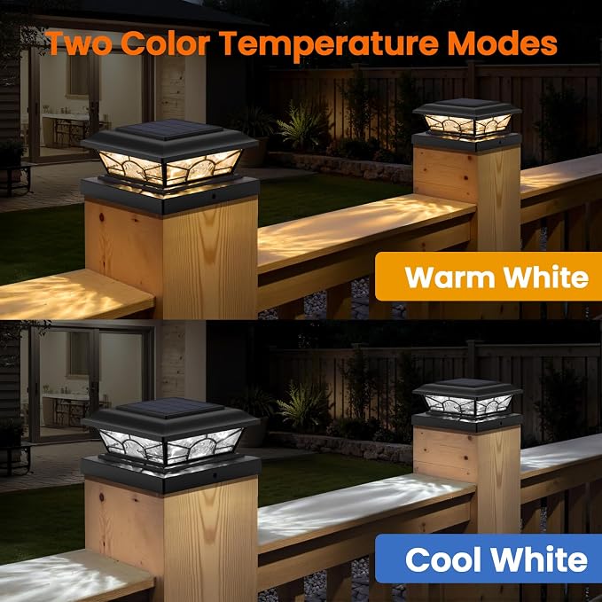 4x4 3.5x3.5 Solar Post Cap Lights 6-Pack Black | 2 Modes (Warm/Cool White), 16LEDs, for Wooden/Vinyl Posts, IP65 Waterproof, Outdoor, for Fence, Deck, Patio, Yard, Porch