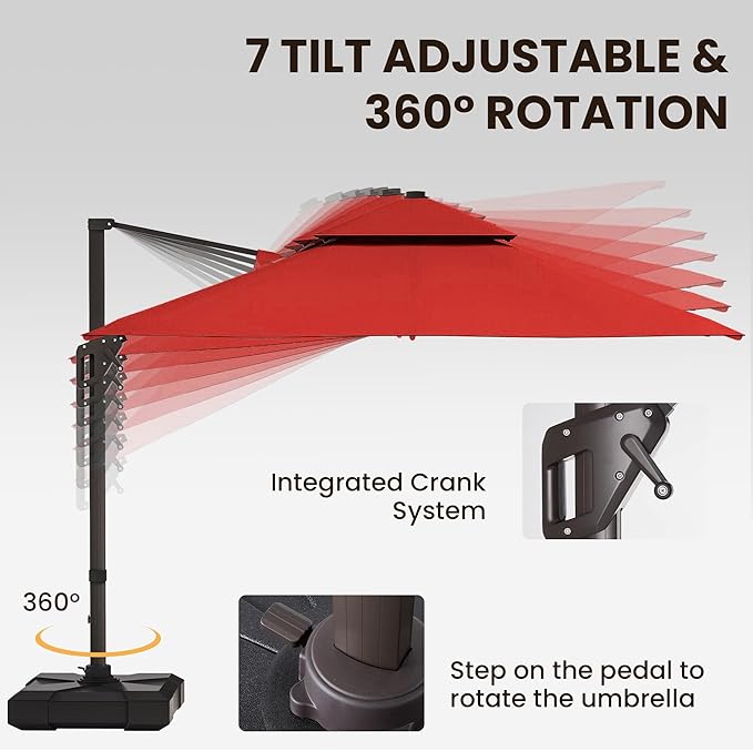 9 X 12 FT Cantilever Patio Umbrella with Led Lights Outdoor Heavy Duty Double Top Rectangle Offset Umbrellas with 360-degree Rotation for Pool Deck Backyard, Wine Red