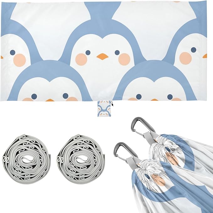 Delicate Cartoon Penguin Light Blue 330lb Capacity Outdoor Hammock with Hanging Rope Portable Hammock for Outside Camping Essentials hamaca con Base para adultos
