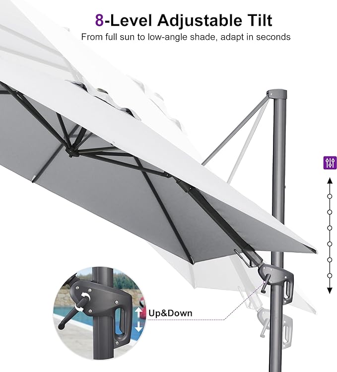 PURPLE LEAF 11' X 8' Swivel Outdoor Patio Aluminum Umbrella with Base Left-right Tilting Cantilever Offset Umbrella with UV Resistant Heavy Duty Fabric for Deck Pool Patio Backyard, Pebble Grey