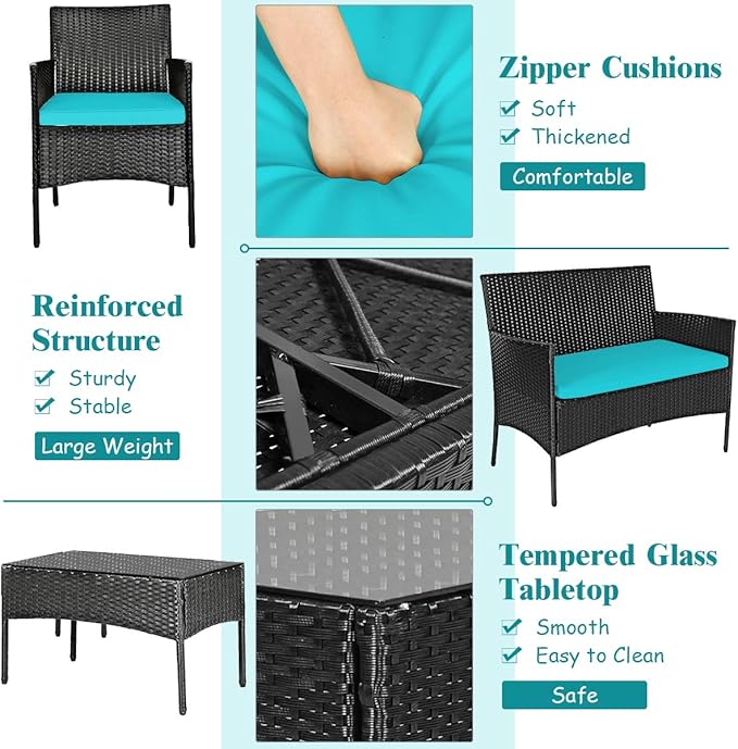 Tangkula 8 Piece Patio Furniture Set, Outdoor Wicker Conversation Set with Tempered Glass Coffee Table, Rattan Loveseat & Chairs Set with Seat Cushions for Backyard, Garden, Poolside (2, Turquoise)