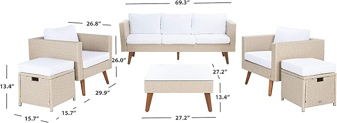 SAFAVIEH Outdoor Collection Presla Wicker Cushion 6-Piece Living Set PAT7715B-3BX, Beige/White