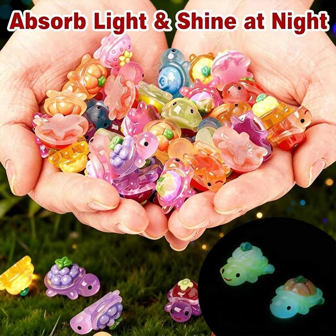 60Pcs Mini Resin Turtles, Tiny Sea Animals Figures, Small Luminous Bulk Glow in the Dark, Stylized Turtles Fruits & Veggies on the Back for Crafts Micro Landscaping Tank Fairy Garden Decor