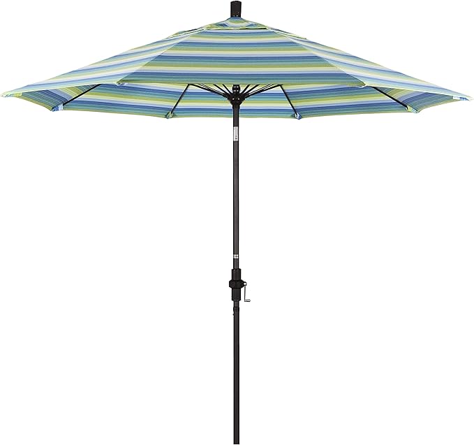 California Umbrella 9' Round Crank Lift, Collar Tilt, Aluminum Pole, Fiberglass Rib Patio Umbrella, Bronze Finish, Sunbrella Seville Seaside