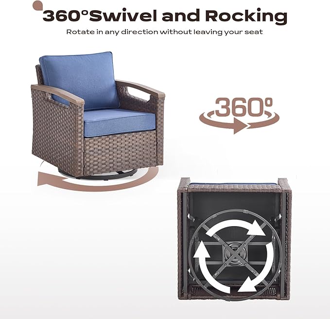 Rilyson Wicker Outdoor Patio Furniture Set - 8 Piece Patio Conversation Sets with Swivel Rocker Chairs, Chairs, Ottomans, Sofa and Coffee Table, Thick Cushions, for Porch Deck Brown/Blue