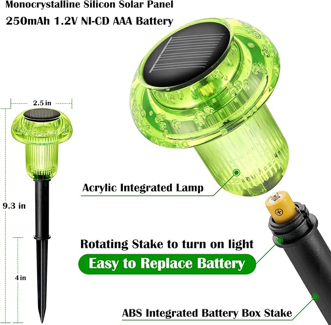 Priddop Solar Lights Outdoor Pathway Waterproof 8 Pack Green LED Green Stake Acrylic Mushroom Decorative Garden Lights for Yard Landscape Patio Outside Decorations