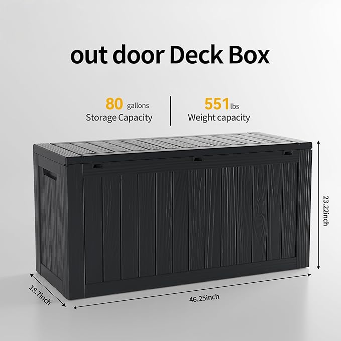 TARKARI 80 Gallon Outdoor Storage Box Waterproof, Resin Deck Boxes with Lockable Lid & UV-Resistant for Patio, Pool, Garden Furniture Cushions & Accessories, Black