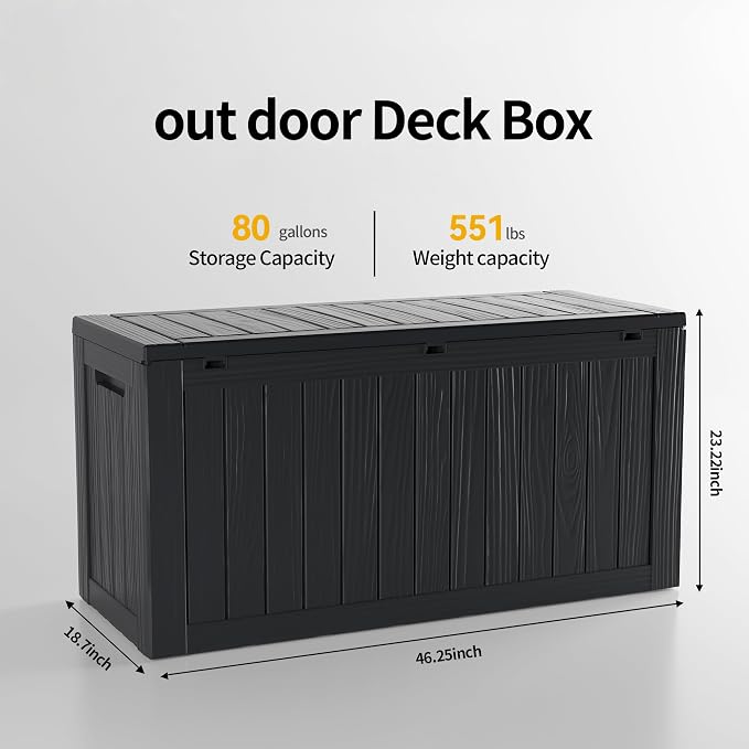 Outdoor Storage Box, 80 Gallon Resin Deck Box Waterproof for Patio Furniture, Garden Tools and Pool Accessories, Lockable UV-Resistant Storage Bin Bench Cabinet for Outside, Black