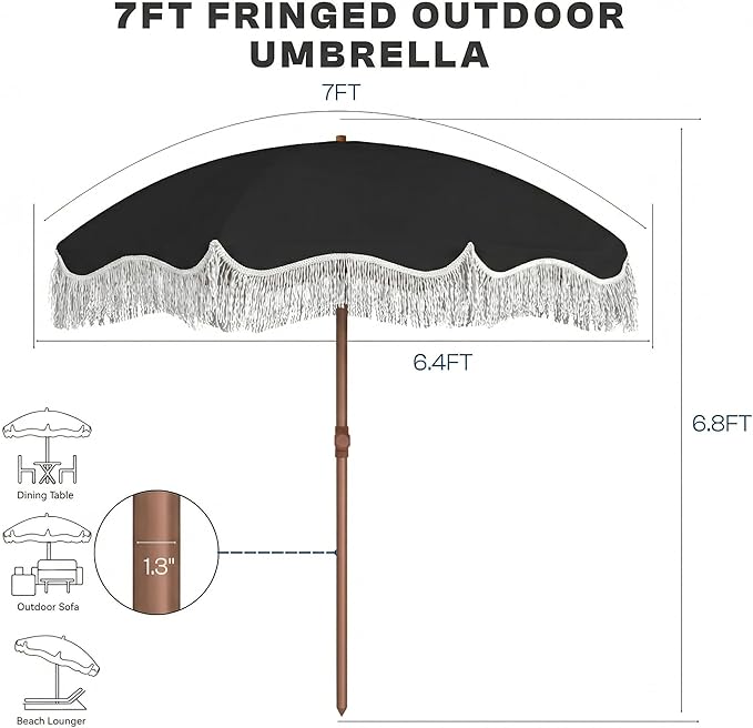 7FT Patio Umbrella with Fringe, Outdoor Tassel Umbrella with Fiberglass Ribs, Boho Beach Umbrella, Push Button Tilt and Carrying Bag, UPF50+