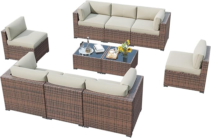 LazySunsets 10 Piece Outdoor Patio Furniture Set with Coffee Table, Outdoor Patio Furniture Sets with Waterproof Cover and Cushion, Wicker Rattan Outdoor Conversation Set for Backyard & Garden, Beige