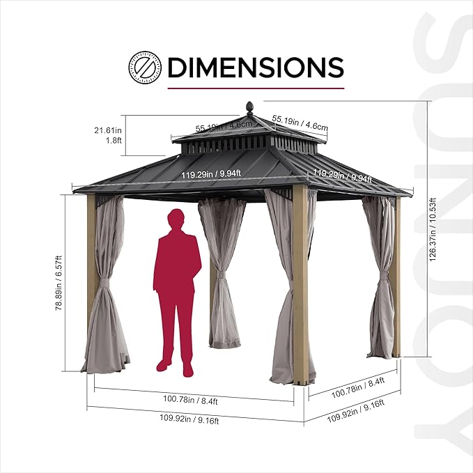 SUNJOY Kingston 10' x 10' Hardtop Wood Gazebo with Galvanized Steel Double Roof, Curtain and Netting, Cedar Posts Permanent Pavilion Gazebo for Garden, Patio, Deck, Lawn