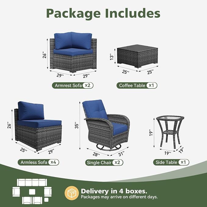 Aoxun 10 Piece Outdoor Patio Furniture Set with Coffee Table, Wicker Rattan Outdoor Furniture with High Back Swivel Rocker Chairs, Outdoor Conversation Set with Thick Cushion & Ottoman, Navy Blue