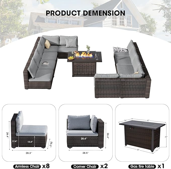 Patio Furniture Set 11 Pieces with 44" Fire Pit Table, Rattan Outdoor Sectional Conversation Sets, All Weather Outdoor Furniture Set with Cushions for Garden Lawn Balcony Porch Deck Grey
