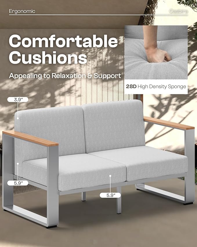 Outdoor Patio Furniture Set, 7 Seats Outdoor Patio Conversation Sets with Ergonomic Seat and Wide Washable Thick Cushions, Modern Patio Sectional Furniture for Balcony, Porch（Teak-Gray