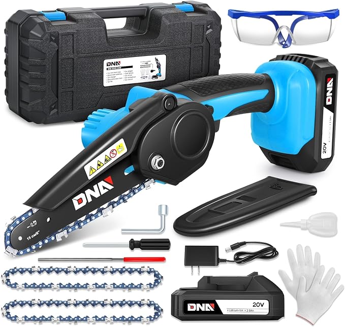 DNA MOTORING Mini Chainsaw, 6 Inch Electric Chainsaw Cordless Handheld Chainsaw with 2 20V 2000mAh Batteries, Small Chainsaw Electric Saw for Tree Trimming, Wood Cutting, Blue, TOOLS-00727-BL