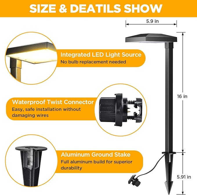 LUTEC 12 Pack Low Voltage Pathway Lights, Aluminum 12V Landscape Lighting with Connectors，IP65 Waterproof Anti-Glare Wired LED Pathway Lights, 5W 500LM Warm White 3000K for Pathway, Yard, Garden
