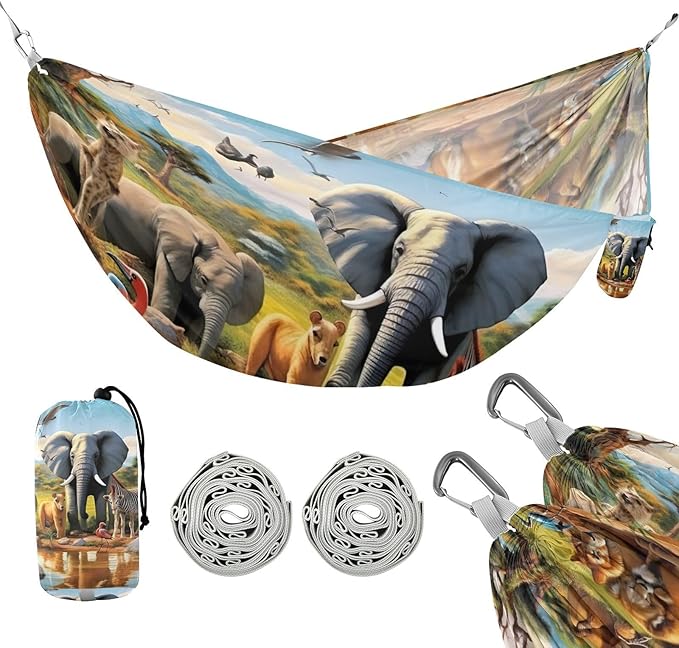 FRMG Elephant African Animal Hammock 500 lbs Capacity Portable Hammocks with Tree Straps & Attached Carry Bag, Camping Essentials Gear 2012268a