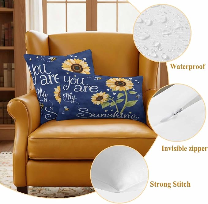 Outdoor Pillow Covers You are My Sunshine Words Decorative Throw Pillow Covers, Farm Sunflowers Bee on Blue Throw Cushion Case with Zipper for Patio,Couch,Sofa,Garden 20x12in Set of 2