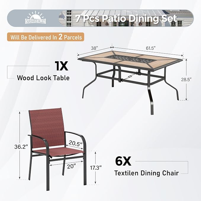 SUNSHINE VALLEY 7 Pcs Patio Dining Set for 6, Rectangular Metal Dining Table (PVC Table Top) with Umbrella Hole and 6 Chairs, Outdoor Dining Set for Lawn Garden Deck, Red