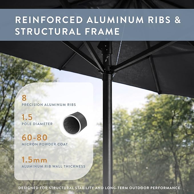 California Umbrella 8-Year Protection 9 Ft Outdoor Patio Umbrella, Solstice Fade-Resistant Fabric, Auto-Tilt, Heavy Duty Aluminum Frame, 8 Reinforced Ribs for Pool or Deck, Black Pole, Black