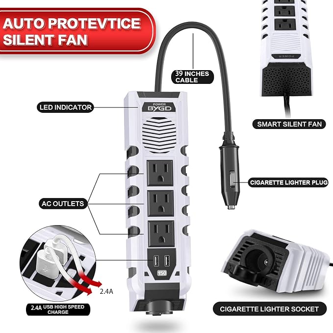 150W Car Power Inverter, DC 12V to 110V AC Car Plug Adapter Outlet Converter with 1 Cigarette Lighter Socket, 3 AC Outlets, Dual 4.8A Fast Charging USB Ports for Digital Devices