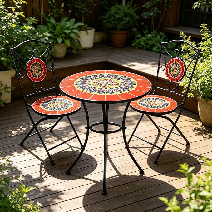 3 Piece Bistro Sets Mosaic Tile Round Table Folding Chairs Garden | Set of 3 Patio Furniture 23.6" Table and 2 Chairs Outdoor Bistro Chairs Artistic Table for Balcony Porch Apartment Backyard
