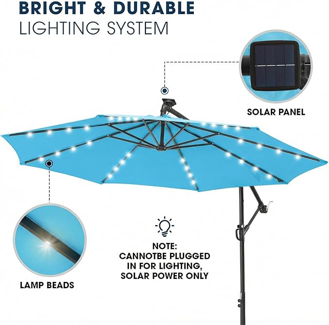 wikiwiki 10ft Solar LED Offset Patio Umbrella, Outdoor Cantilever Patio Umbrellas with Solor Lights for Backyard, Poolside and Garden, Easy Tilt Adjustment, 32 LED Lights & Polyester Shade, Sky Blue