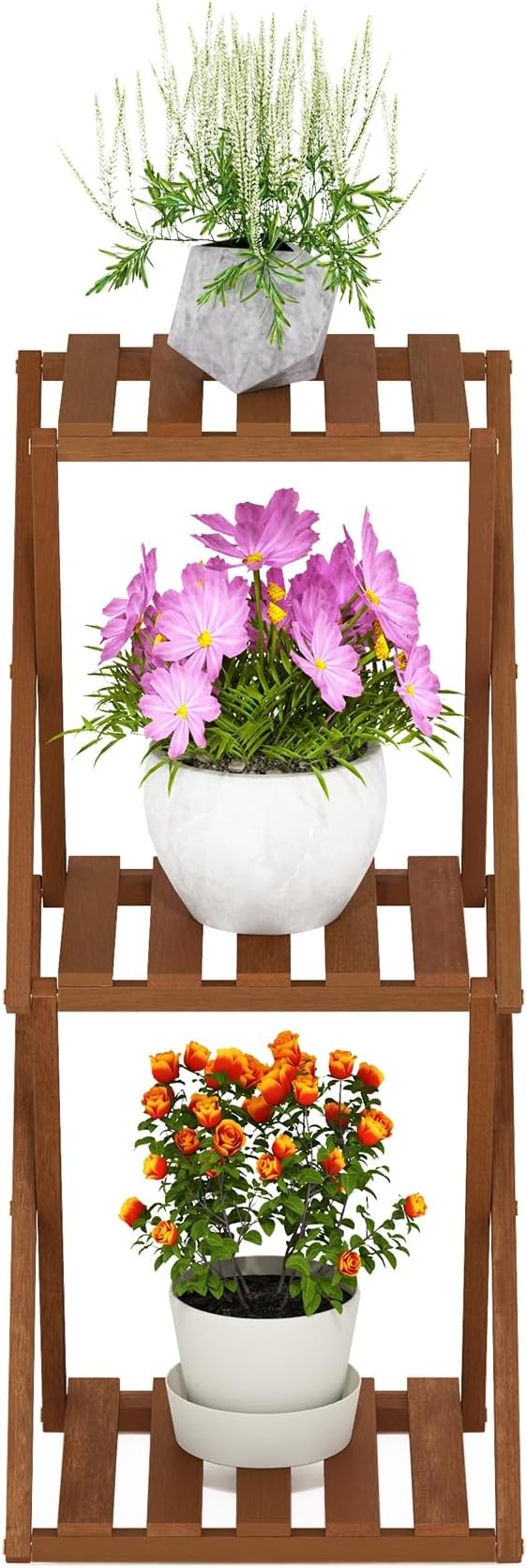 Furinno TIOMAN Patio Table, 3-Tier Outdoor Side Table, Toolless Multipurpose Folding Display Shelf, Plant Stand, for Patio, Garden, Porch, Light Wood