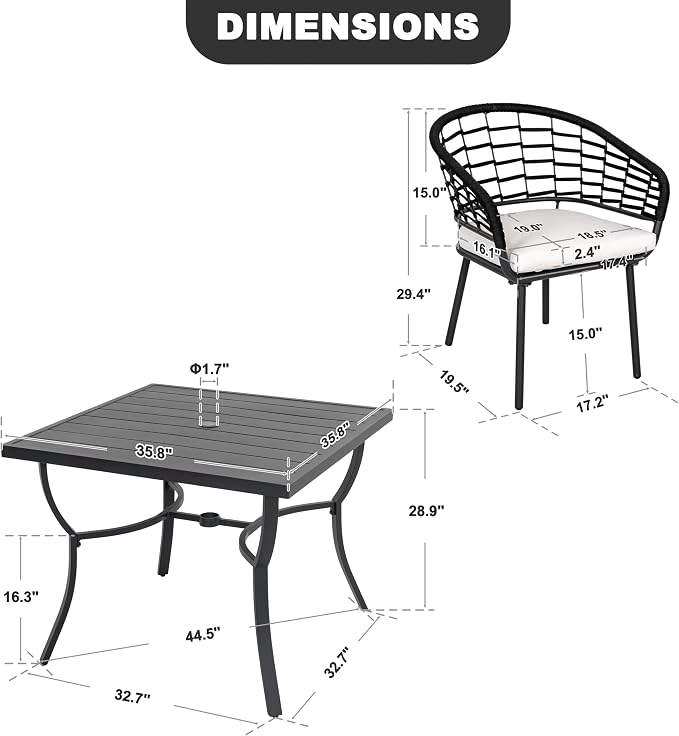 NUU GARDEN 5-Piece Patio Dining Set, 4 Woven Rope Chairs with Beige Cushions, Square Table with Slatted Tabletop and Umbrella Hole, Patio Table and Chair Set for Garden and Poolside, Black