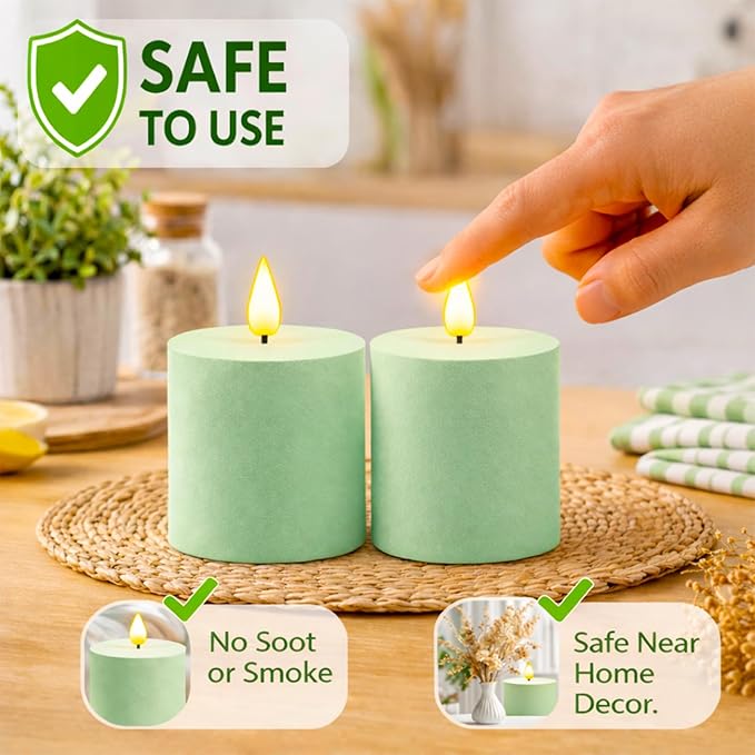 smtyle Battery Operated 3x3 inch Sage Green LED Pillar Textured Sand Finish Fake Minimalist Modern Flickering Realistic Flameless Candles for Table, Bathroom, Fireplace Mantel